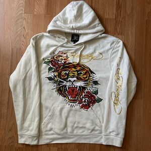 Ed Hardy Tiger Rose Hoodie White Gold Foil Graphic Pullover Sweatshirt XL